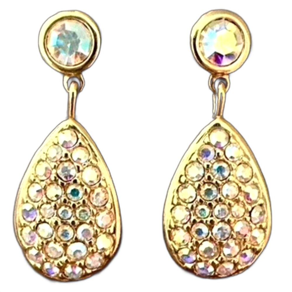Swarovski Crystal Aurora Borealis Rhinestone Gold tone Dangle Drop Earrings